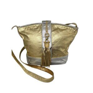 Vintage Marlene Gaines Leather Crossbody Shoulder Bag in Gold Silver Metallic